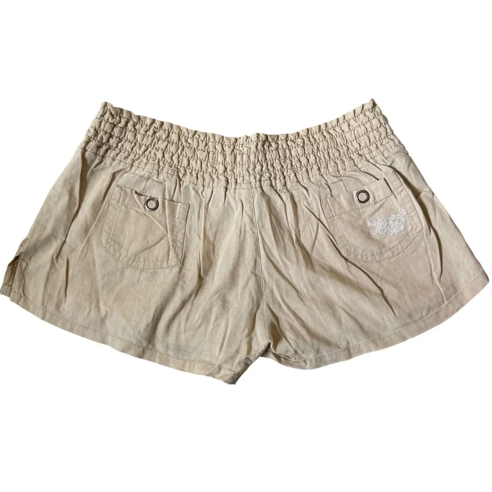 LAGACI Tan Smocked Waist Linen Blend Cargo Shorts Khaki Drawstring Casual Womens